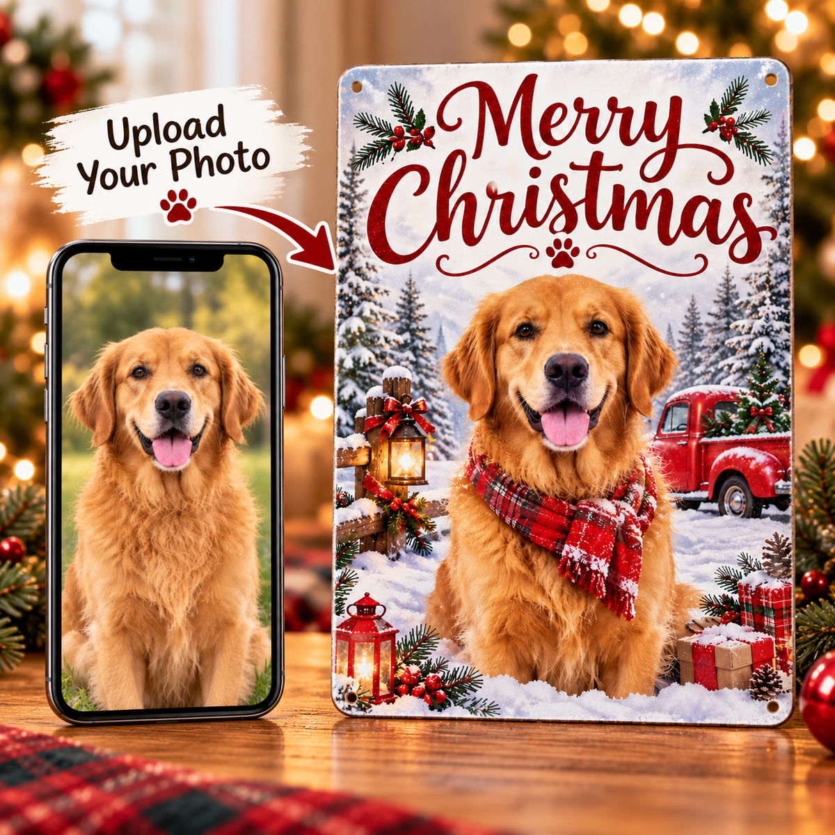 Upload your dog photo to create a unique Christmas metal sign with a fixed snowy backdrop