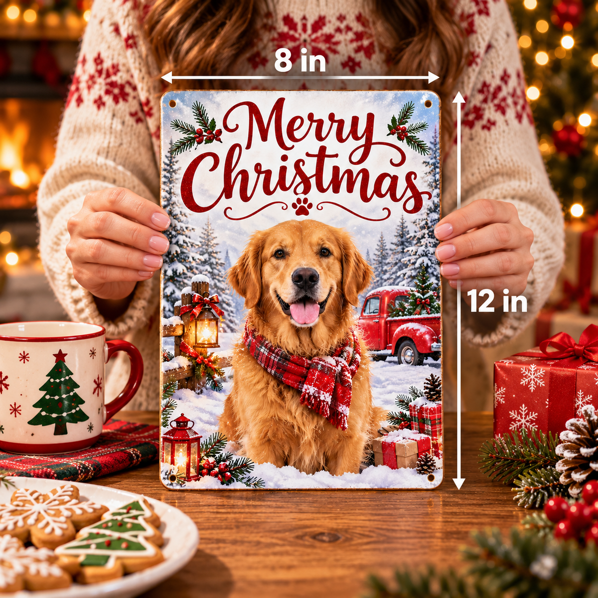 Real size of custom dog Christmas metal sign 8 inches wide and 12 inches tall