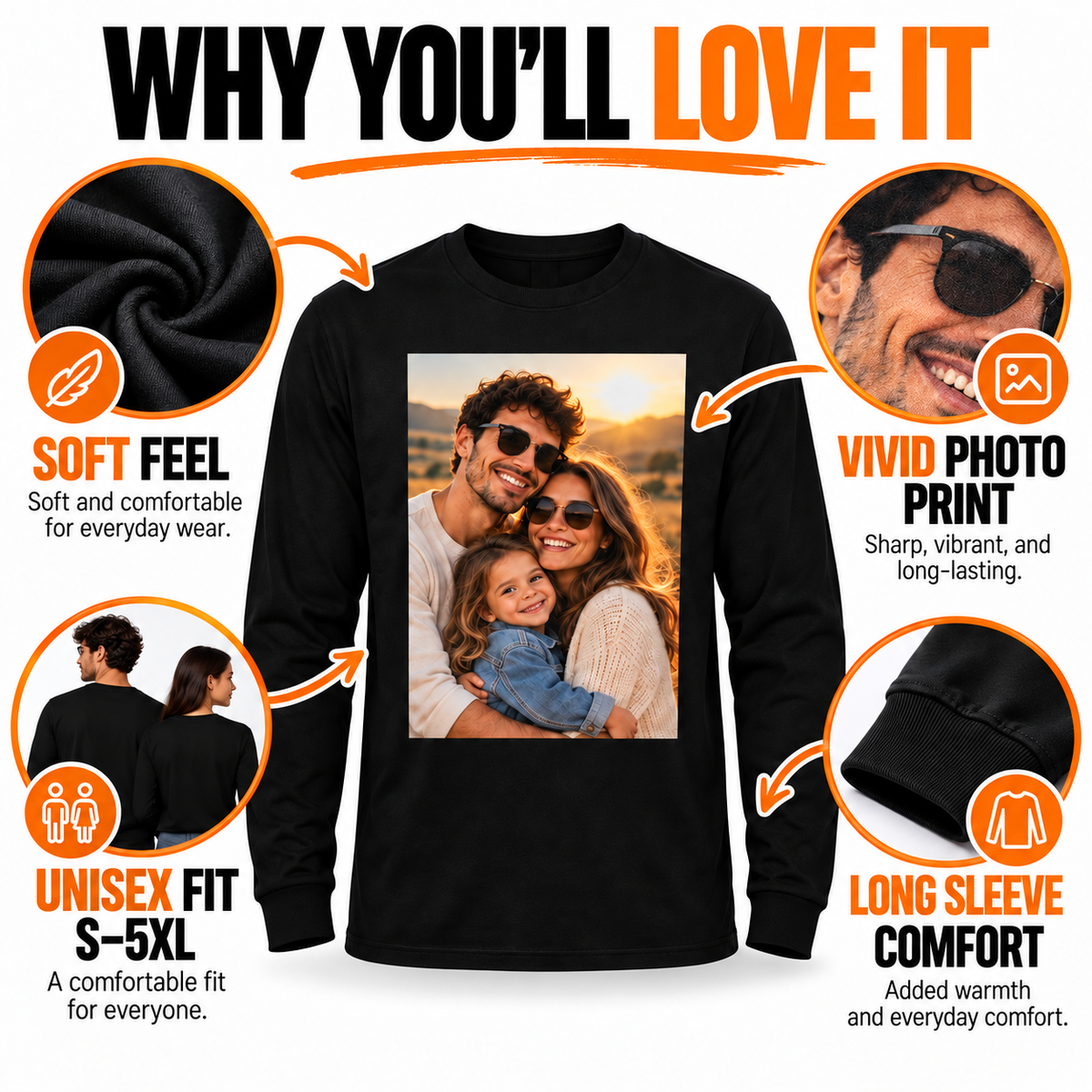 Podtas black unisex long sleeve shirt collar cuff stitching and garment details reference