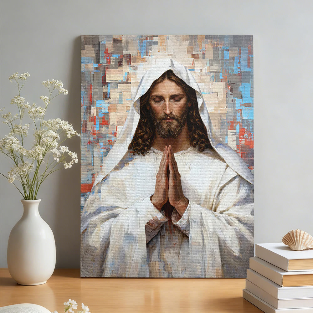 Jesus in prayer Christian canvas wall art with colorful mosaic background
