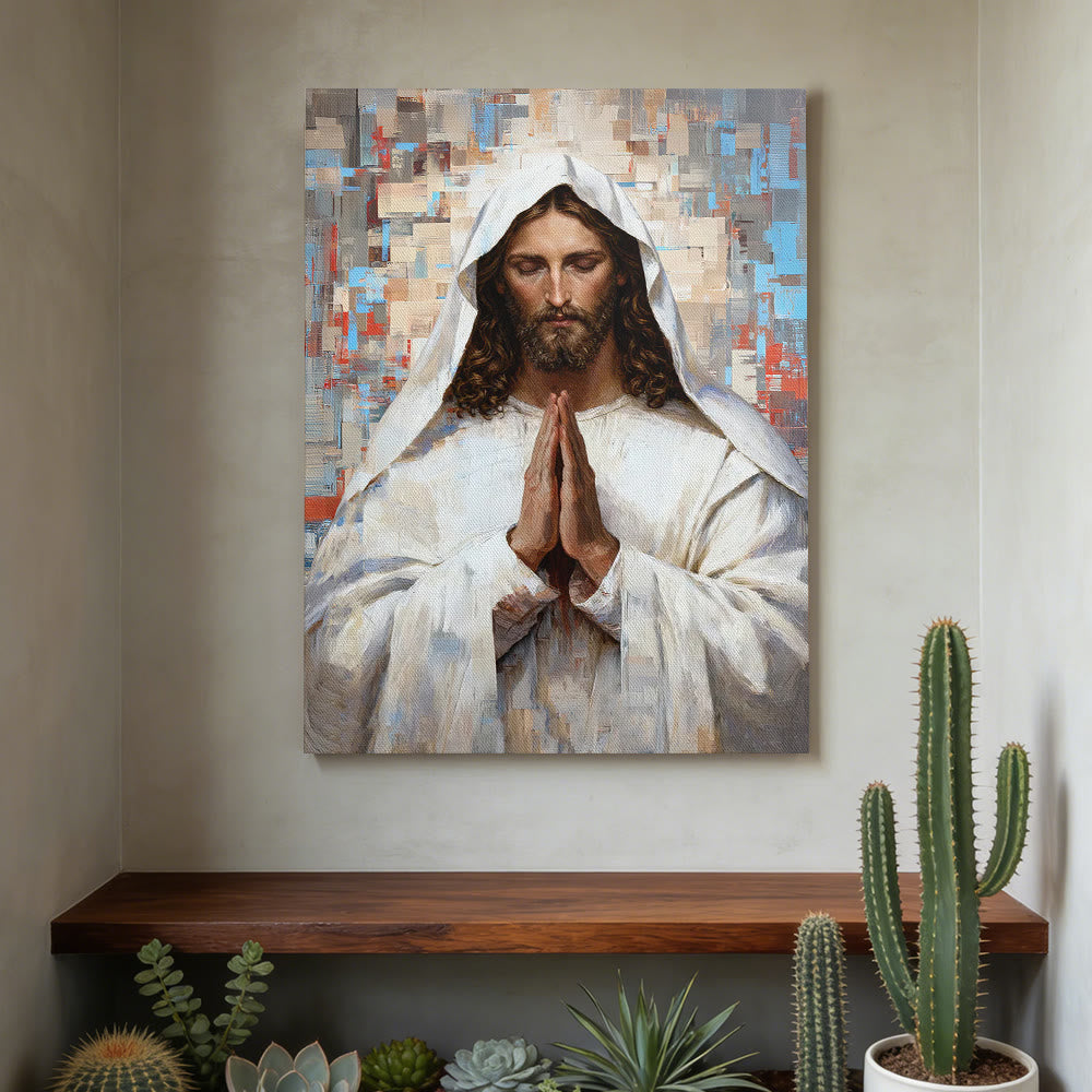 Jesus in prayer canvas wall art displayed in a faith-filled home