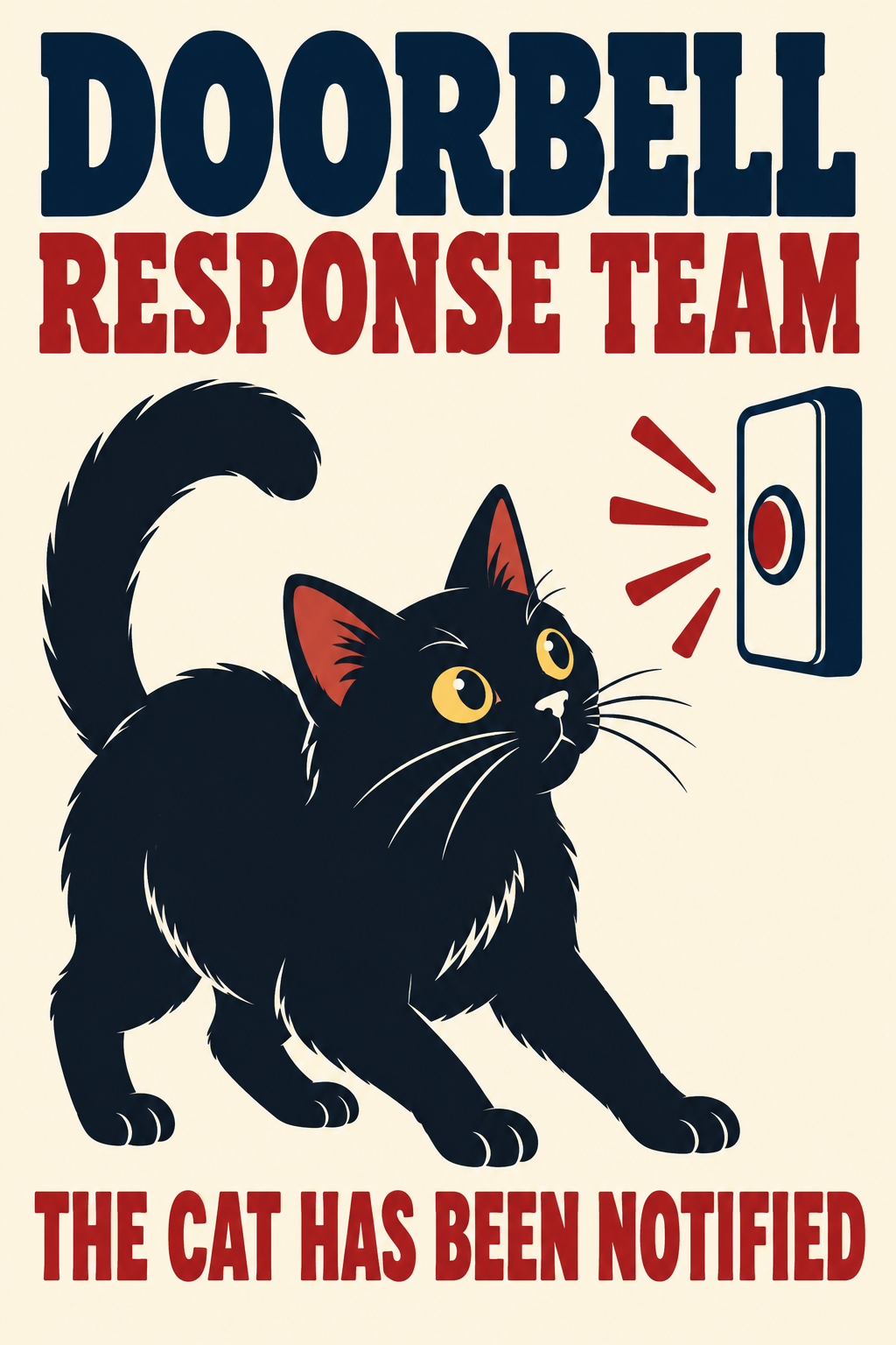 Front artwork for Black Cat Doorbell Response Team 8 x 12 inch metal sign