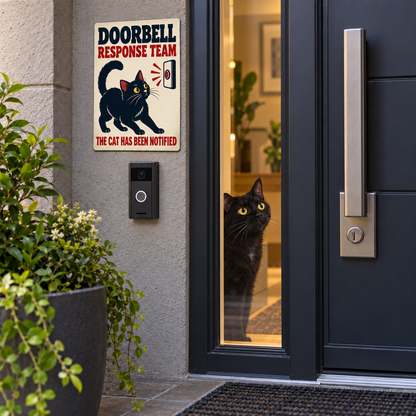 Exterior doorway lifestyle image: Black Cat Doorbell Response Team sign displayed near a real doorbell