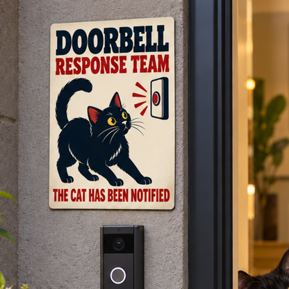 Black Cat Doorbell Response Team 8 x 12 inch metal sign mounted outside beside a doorbell, close view