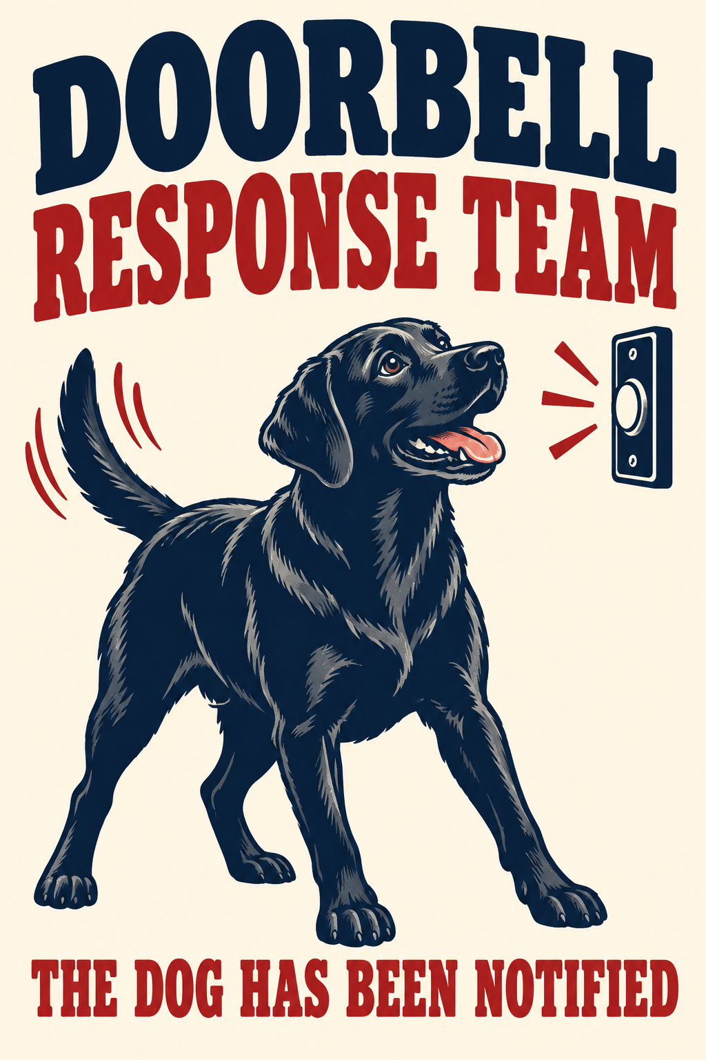 Front artwork for Black Labrador Doorbell Response Team 8 x 12 inch metal sign