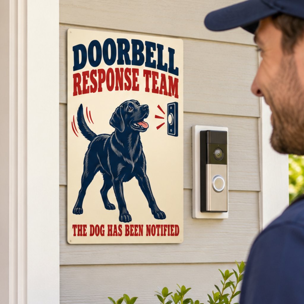 Black Labrador Doorbell Response Team 8 x 12 inch metal sign mounted outside beside a doorbell, close view