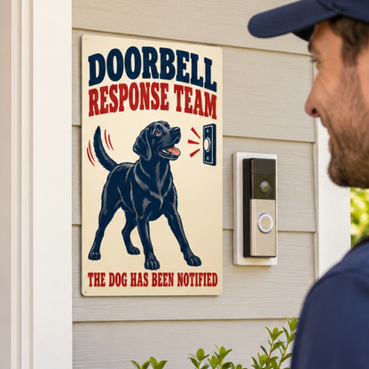 Black Labrador Doorbell Response Team 8 x 12 inch metal sign mounted outside beside a doorbell, close view