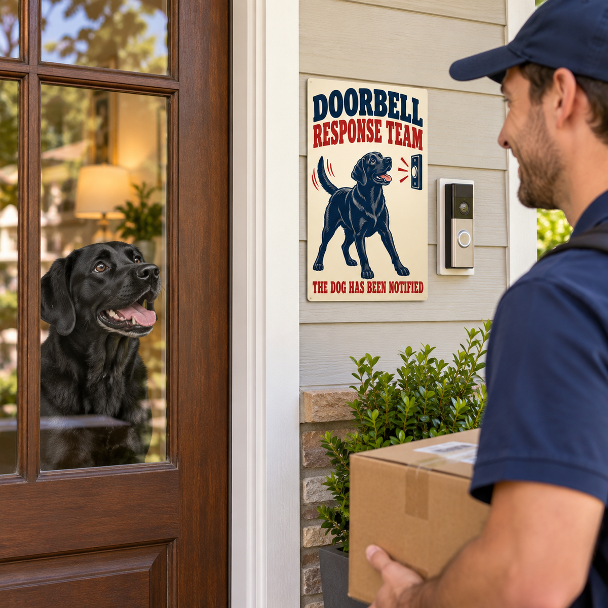 Black Labrador doorbell sign outside a suburban home as a delivery courier approaches and the dog watches through glass