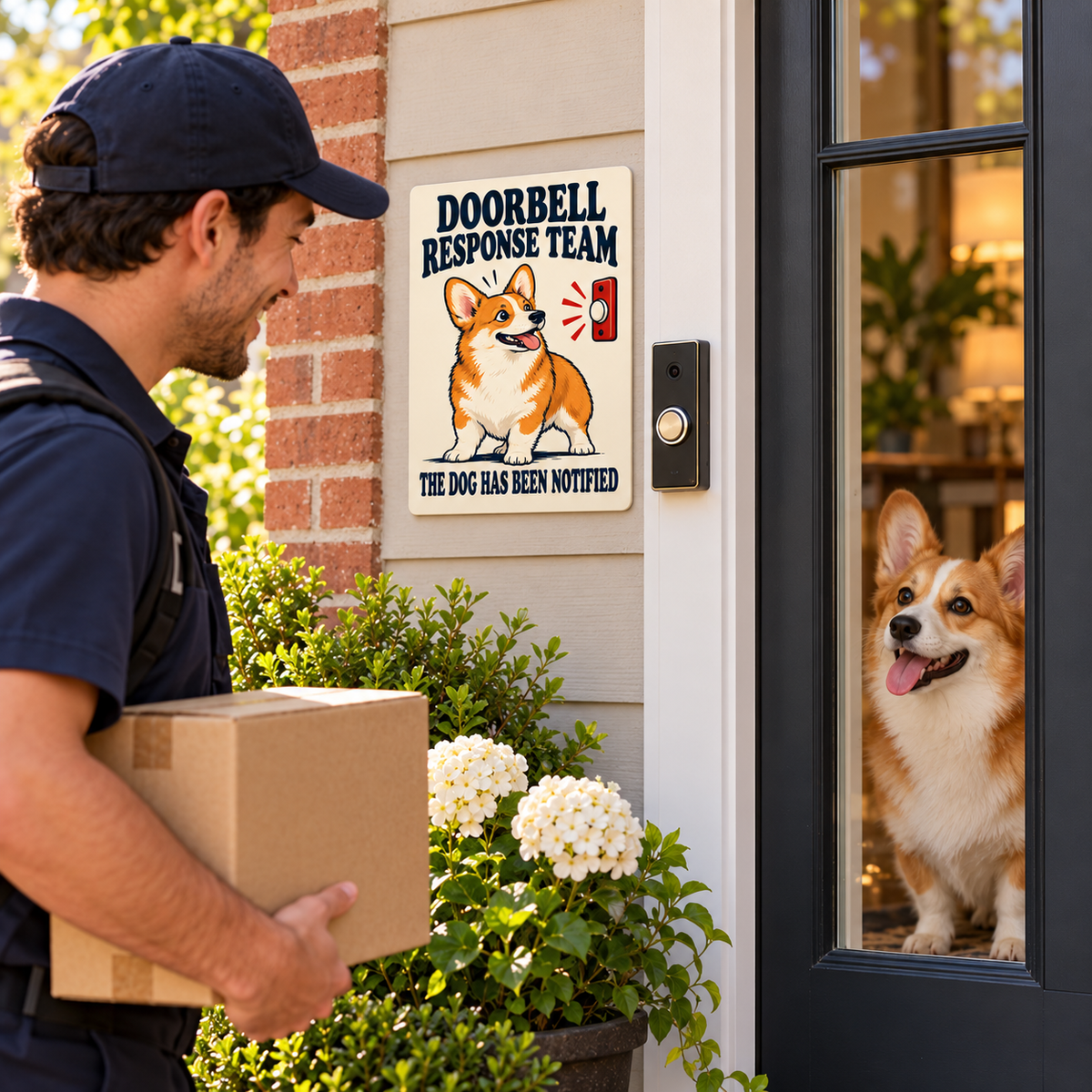 A delivery visitor sees the Corgi doorbell sign outside while one Corgi watches from indoors