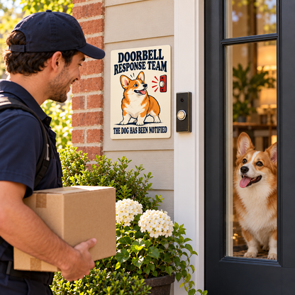 A delivery visitor sees the Corgi doorbell sign outside while one Corgi watches from indoors