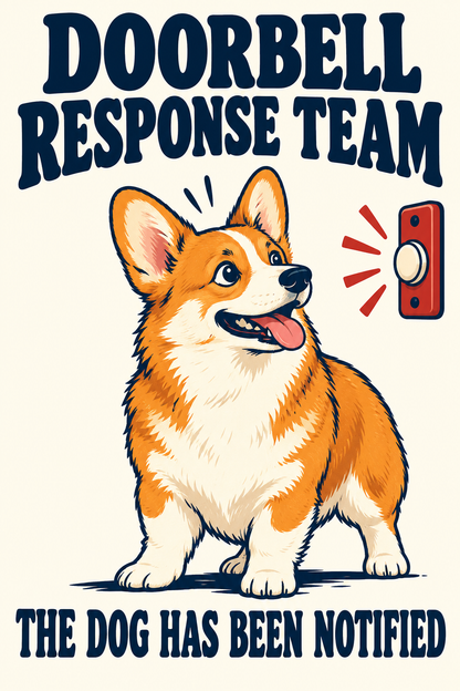 Full front artwork of the Doorbell Response Team Corgi metal sign