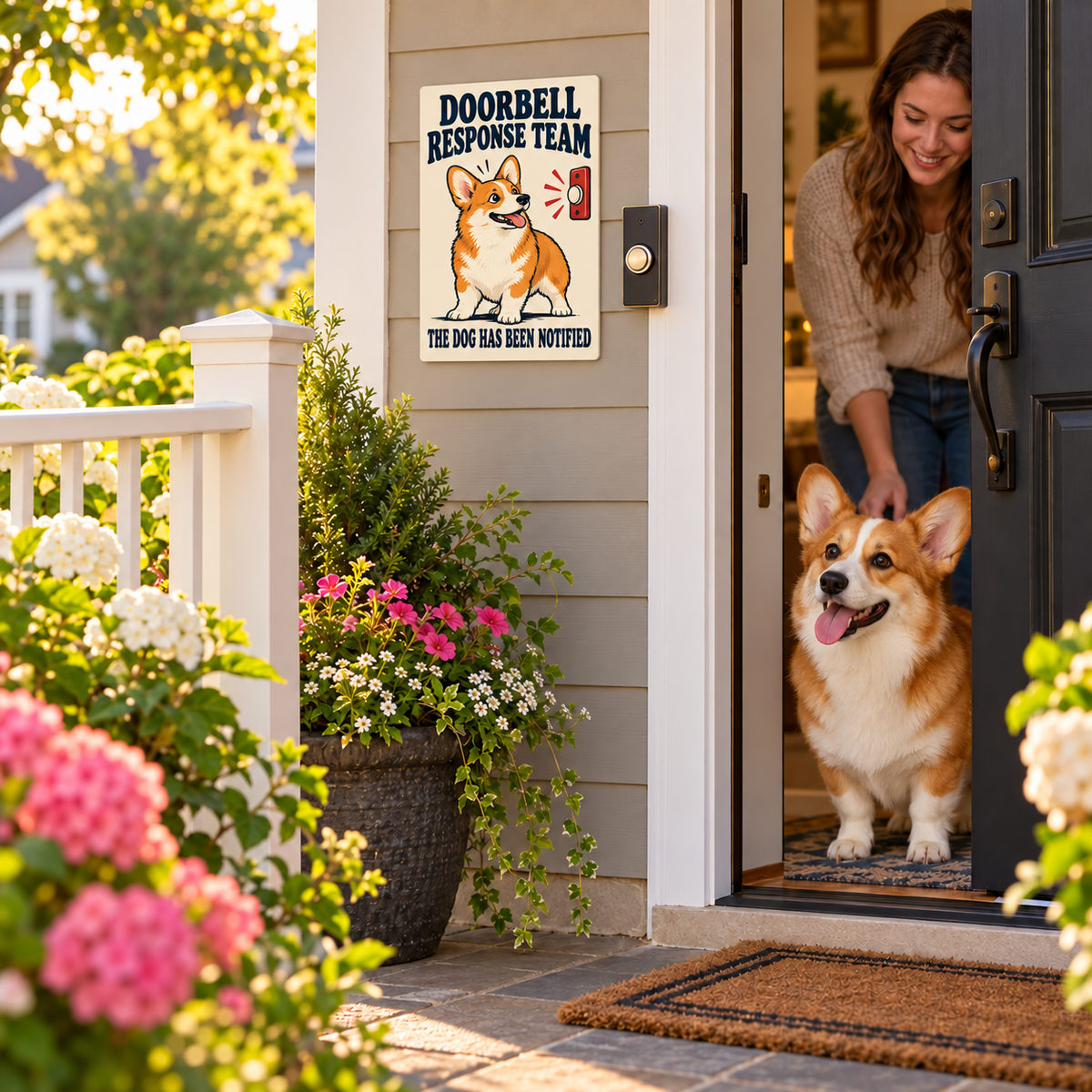 Corgi Doorbell Response Team metal sign displayed outside beside the doorbell on a flower garden porch