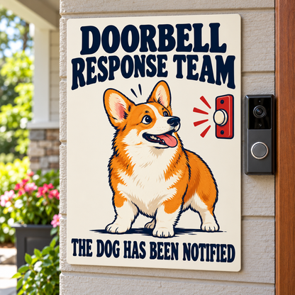 Close view of the Corgi Doorbell Response Team sign beside an exterior doorbell