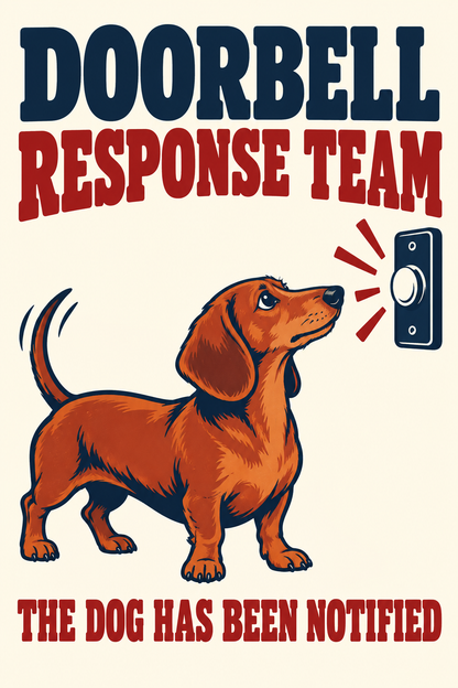 Front artwork for Dachshund Doorbell Response Team 8 x 12 inch metal sign
