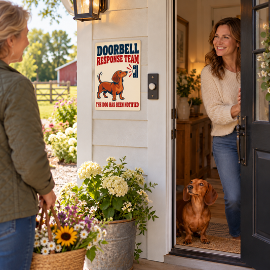Exterior doorway lifestyle image: Dachshund Doorbell Response Team sign displayed near a real doorbell