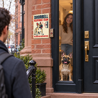 Exterior doorway lifestyle image: French Bulldog Doorbell Response Team sign displayed near a real doorbell