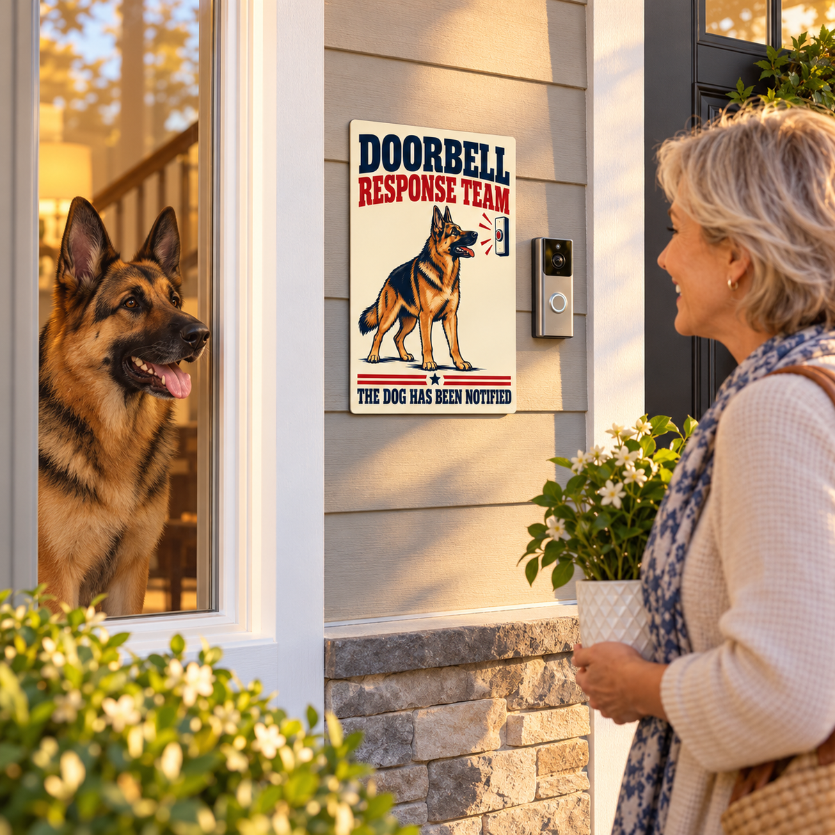 German Shepherd doorbell sign beside the exterior doorbell as a family friend arrives with a plant