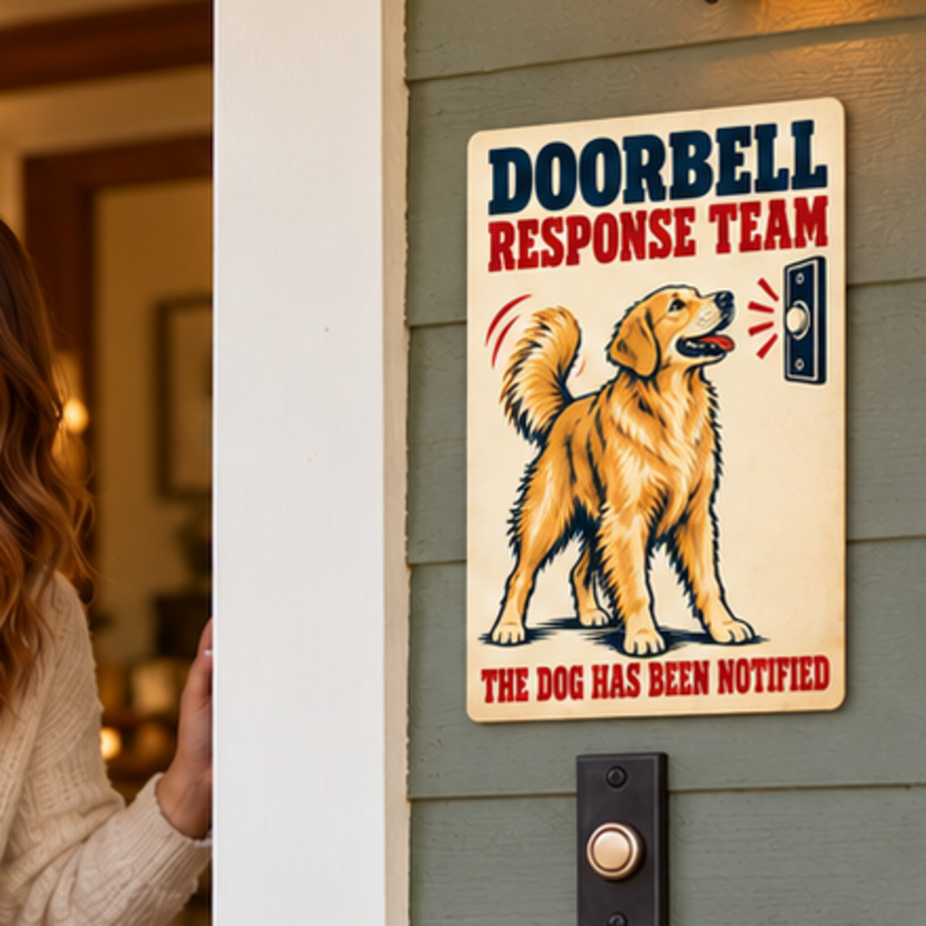 Golden Retriever Doorbell Response Team 8 x 12 inch metal sign mounted outside beside a doorbell, close view