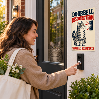 Gray tabby cat doorbell sign outside a city rowhouse while a visitor rings the real doorbell