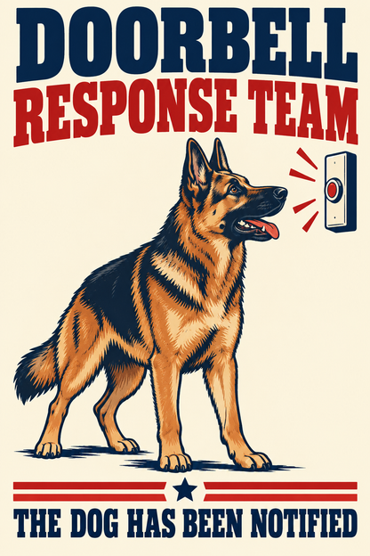 Front artwork for German Shepherd Doorbell Response Team 8 x 12 inch metal sign