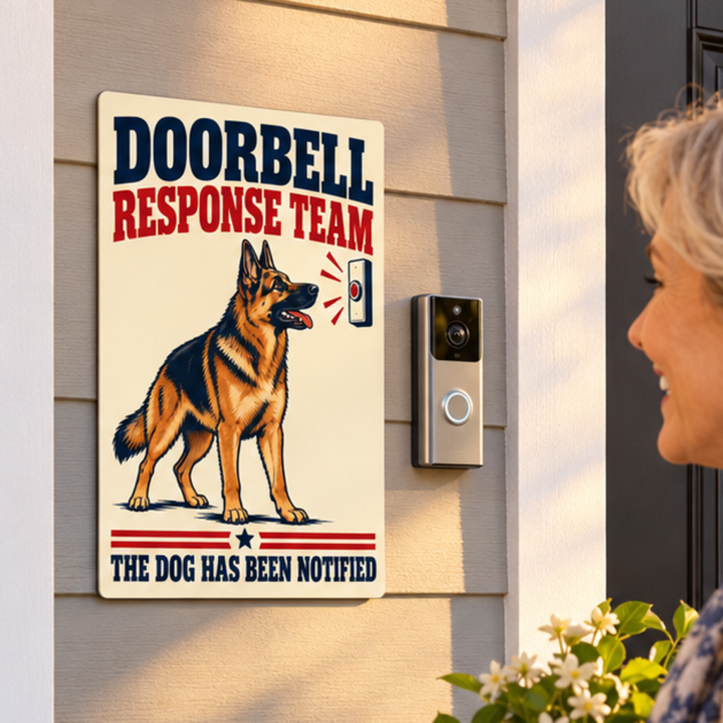 German Shepherd Doorbell Response Team 8 x 12 inch metal sign mounted outside beside a doorbell, close view