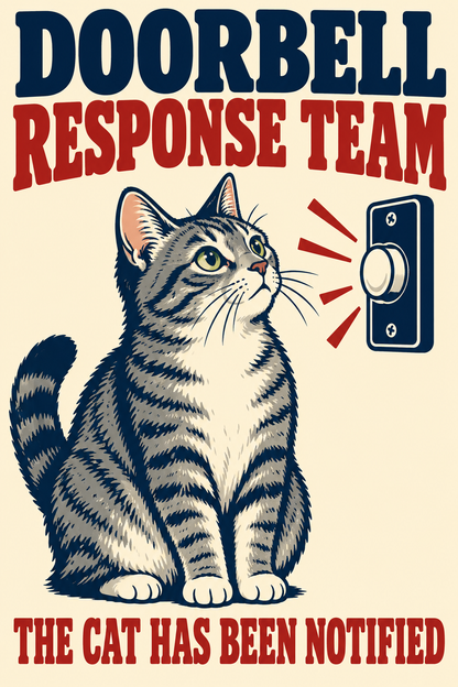 Front artwork for Gray Tabby Cat Doorbell Response Team 8 x 12 inch metal sign