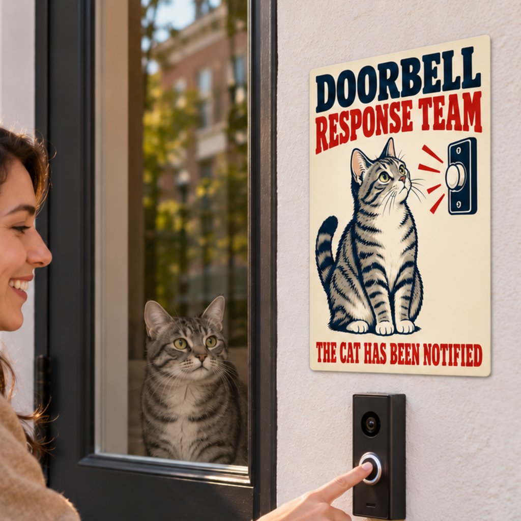 Gray Tabby Cat Doorbell Response Team 8 x 12 inch metal sign mounted outside beside a doorbell, close view
