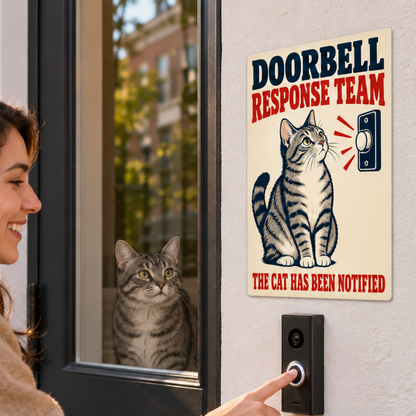Gray Tabby Cat Doorbell Response Team 8 x 12 inch metal sign mounted outside beside a doorbell, close view