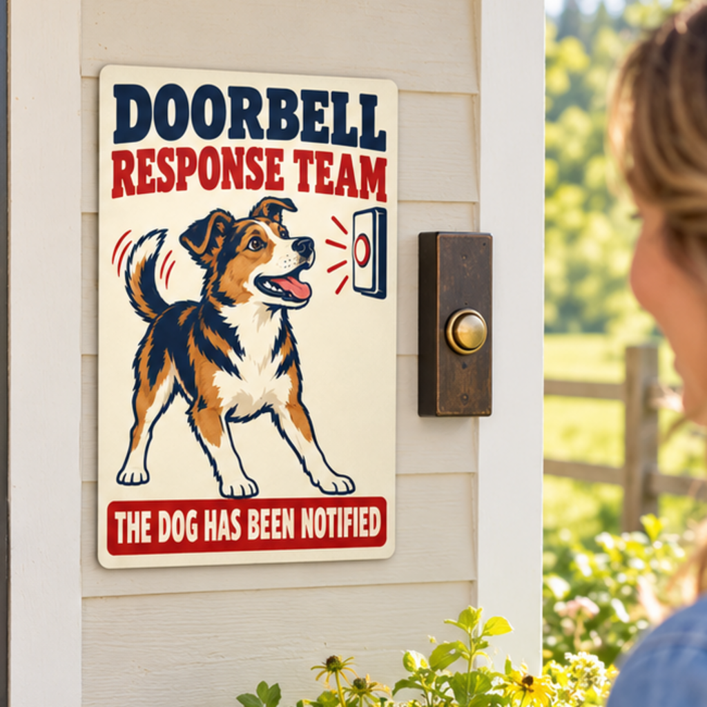Mixed Breed Dog Doorbell Response Team 8 x 12 inch metal sign mounted outside beside a doorbell, close view