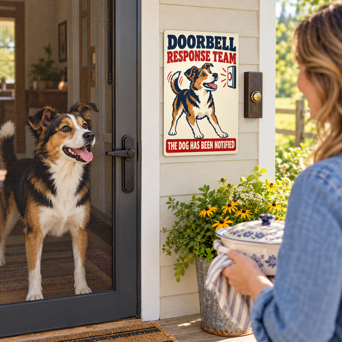 Mixed breed dog doorbell sign outside a farmhouse while a neighbor visits with food and the dog waits behind the screen door