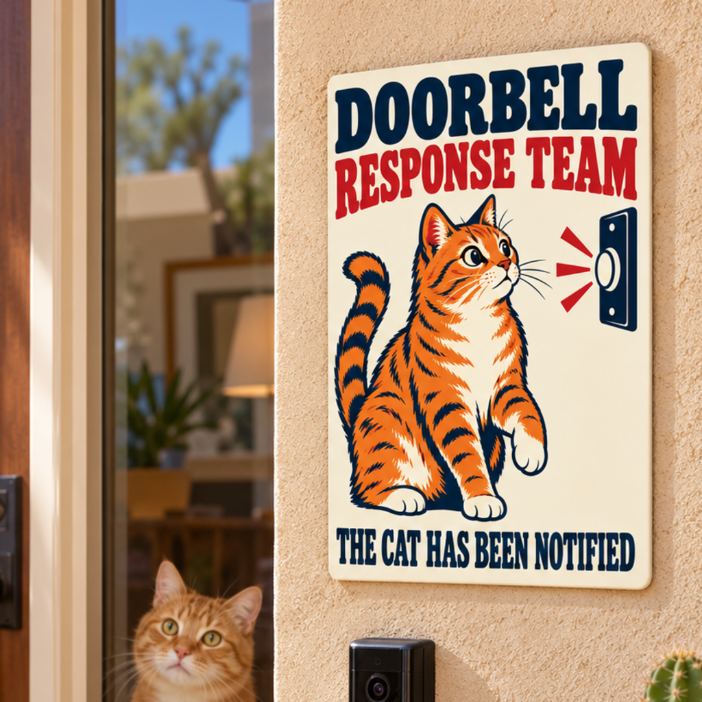 Orange Tabby Cat Doorbell Response Team 8 x 12 inch metal sign mounted outside beside a doorbell, close view