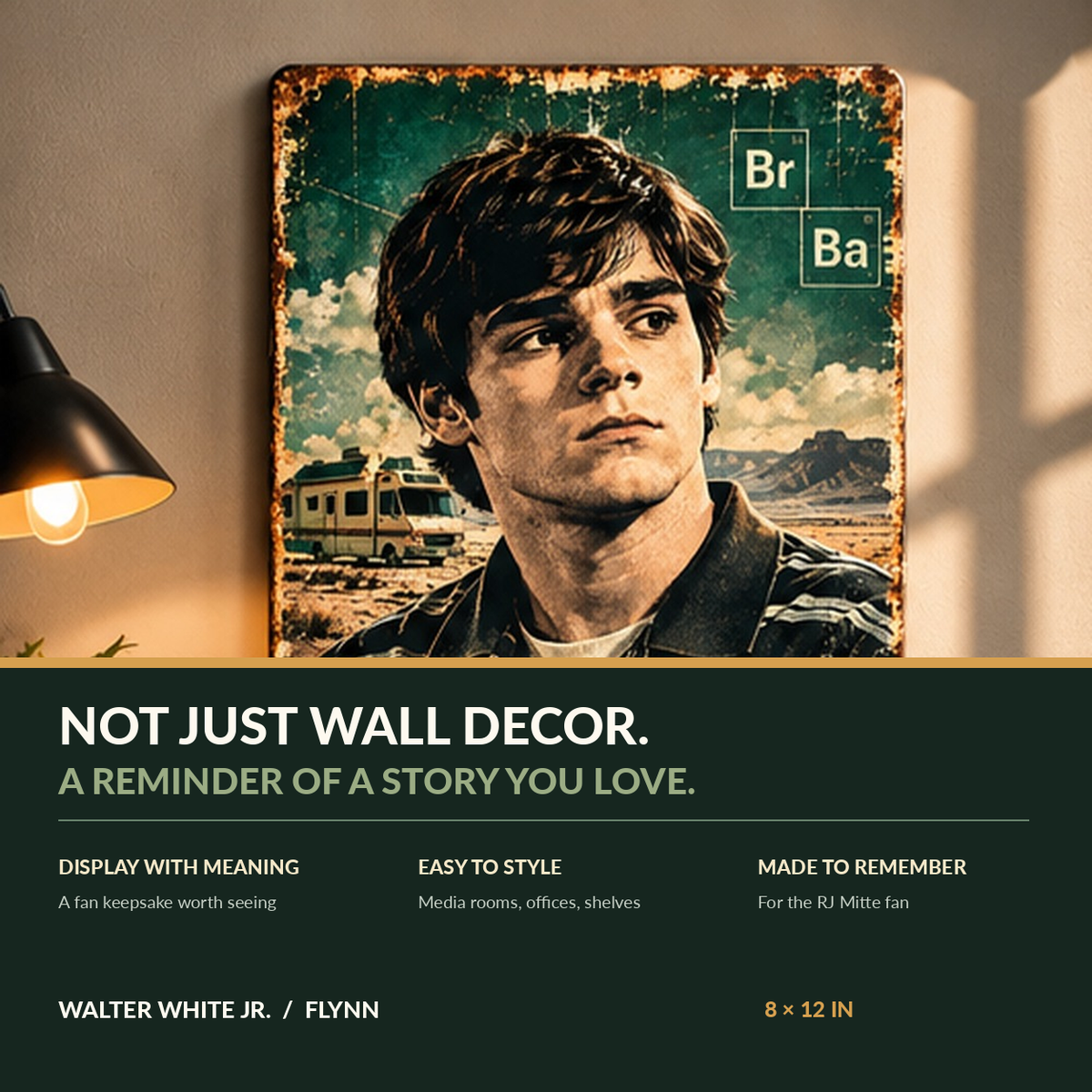 RJ Mitte Walter White Jr Flynn metal wall sign in home decor setting, emotional fan tribute, 8x12 inches