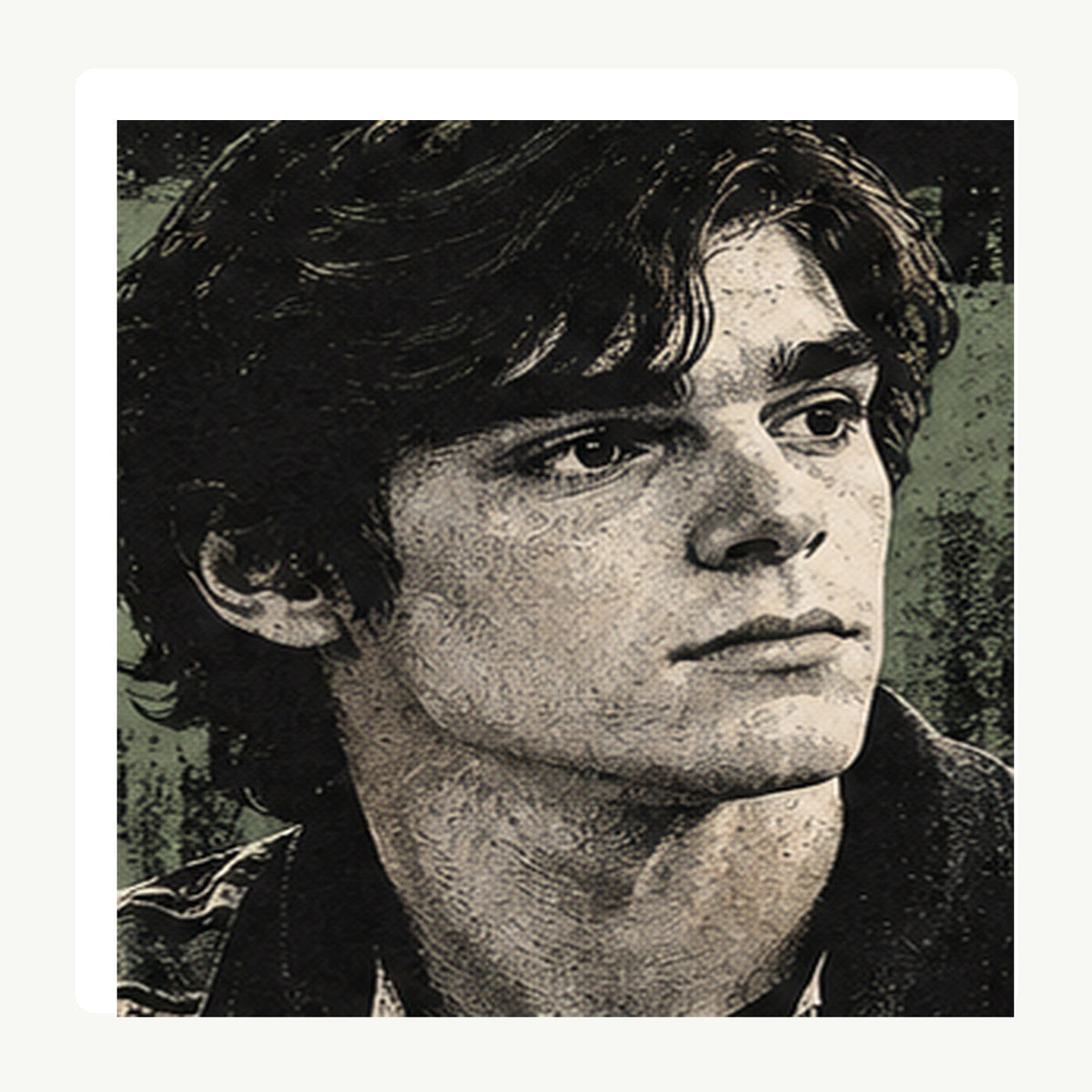 Walter White Jr Flynn black T-shirt front print detail: close-up of vintage portrait illustration