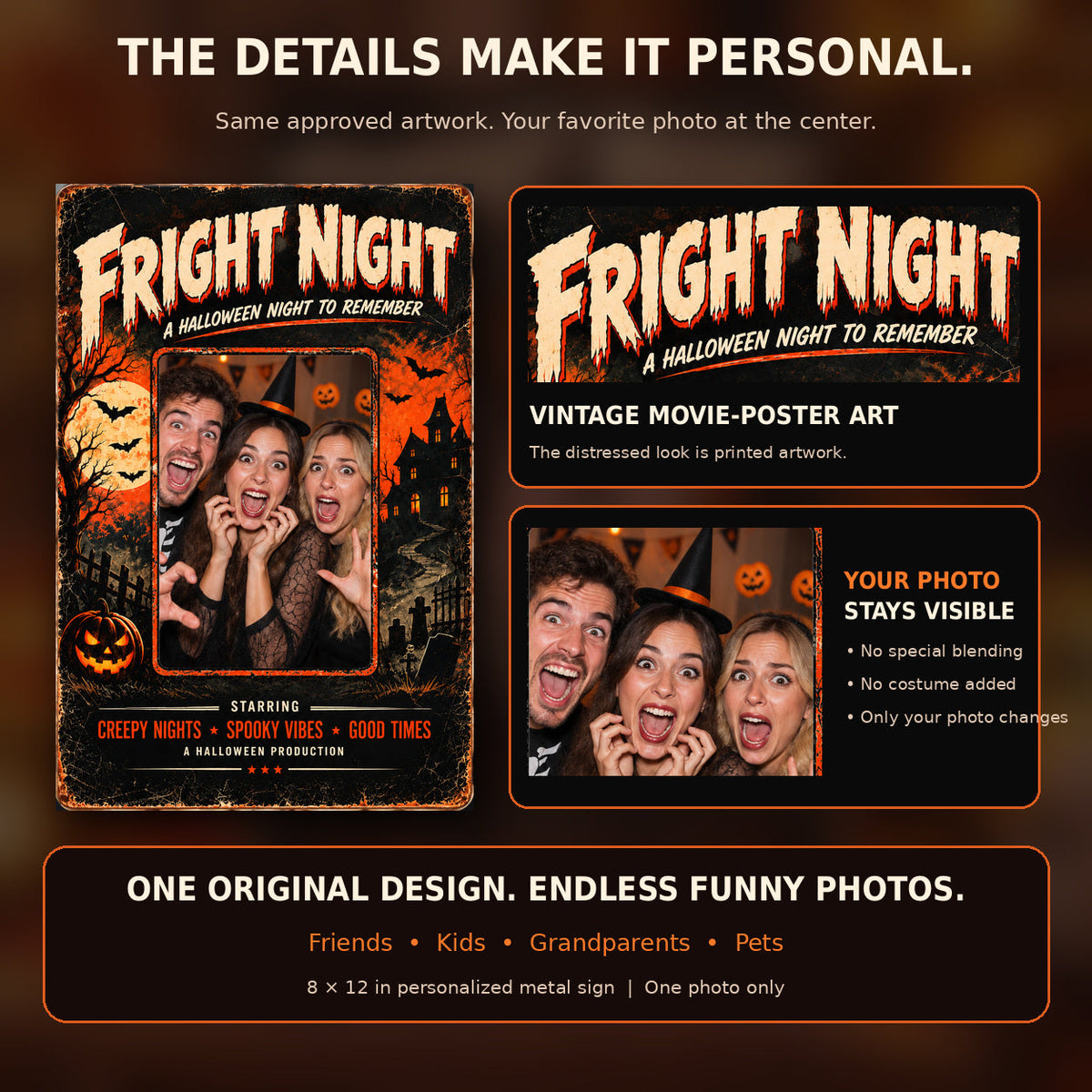 FRIGHT NIGHT real customer photo inside approved vintage Halloween metal sign, printing artwork closeup