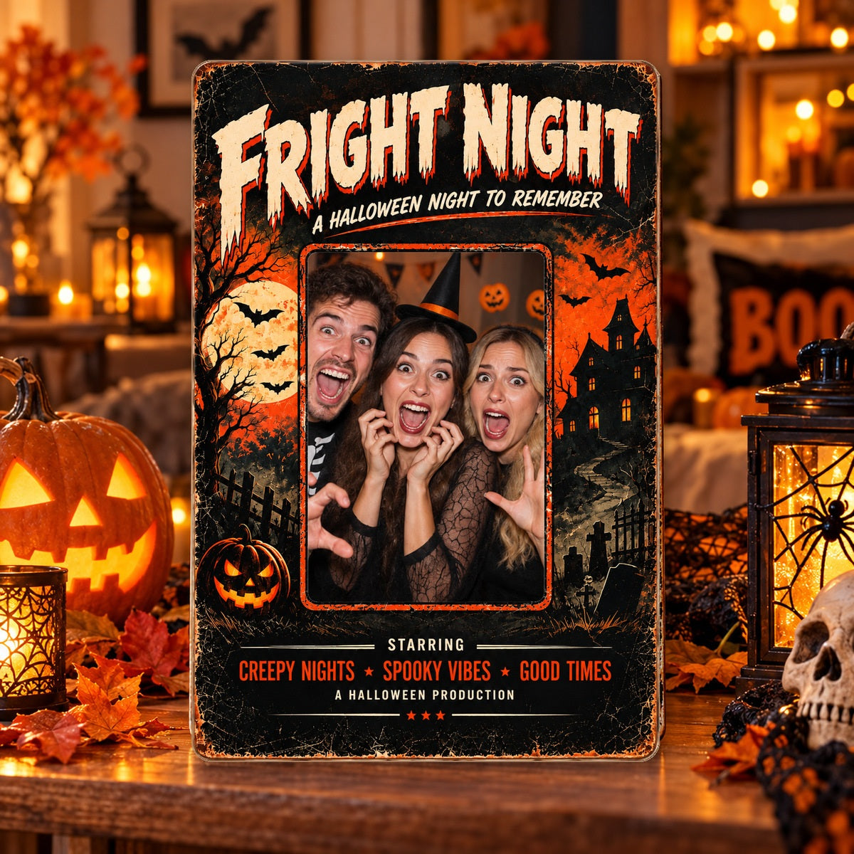 Personalized FRIGHT NIGHT photo metal sign displayed with warm Halloween pumpkins and lanterns