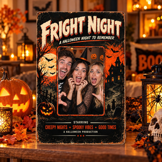 Personalized FRIGHT NIGHT photo metal sign displayed with warm Halloween pumpkins and lanterns