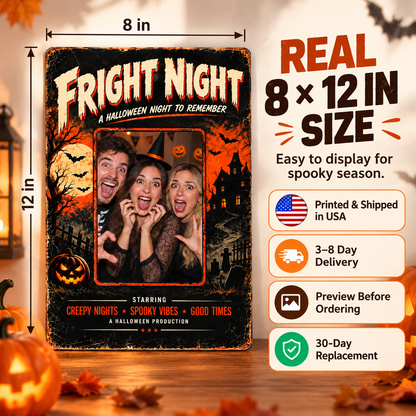 True 8x12 inch Halloween personalized photo metal sign with product and ordering information