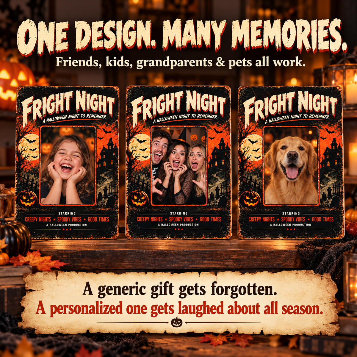 Original FRIGHT NIGHT vintage Halloween metal sign layout for kids, family and pets