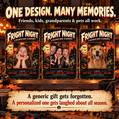 Original FRIGHT NIGHT vintage Halloween metal sign layout for kids, family and pets