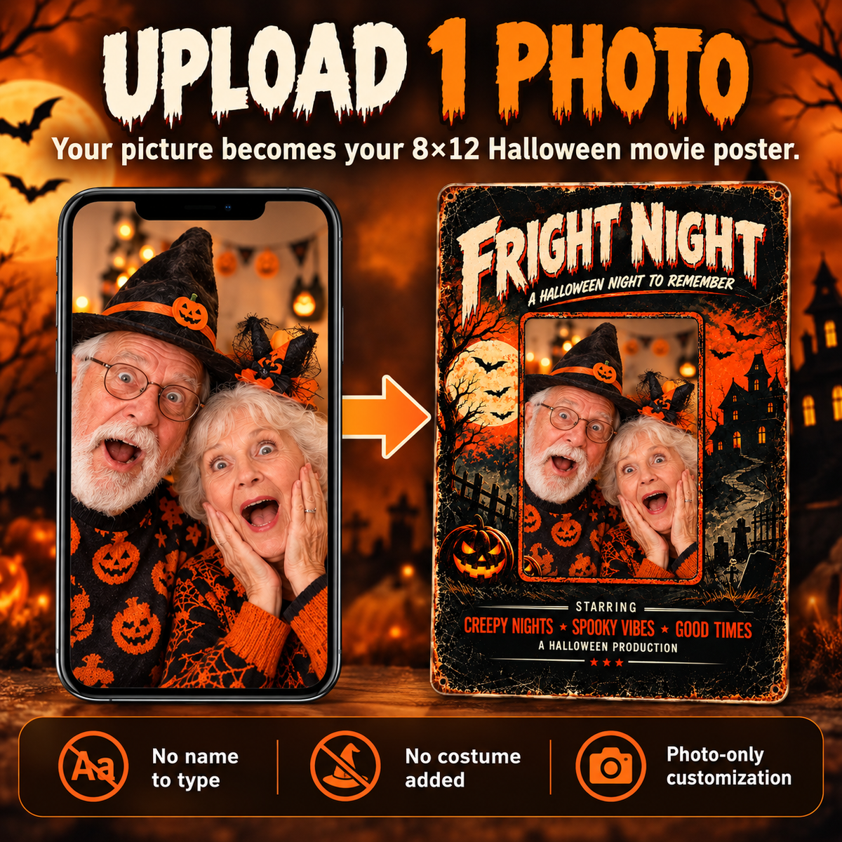 Photo only Halloween metal sign creation, grandparent photo becomes vintage fright night poster