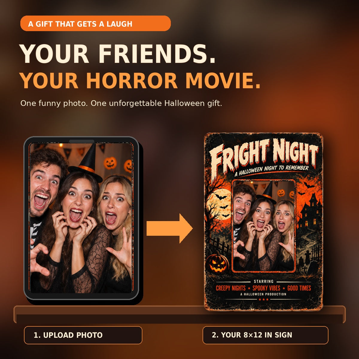 One photo upload turns friends into stars of a funny vintage Halloween movie poster metal sign
