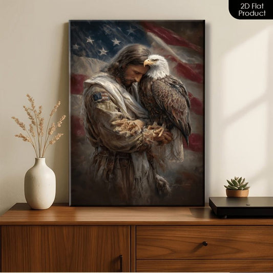 Jesus With Bald Eagle and American Flag Christian Canvas Wall Art
