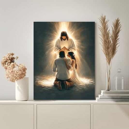 Jesus Blessing a Kneeling Couple Christian Canvas Wall Art