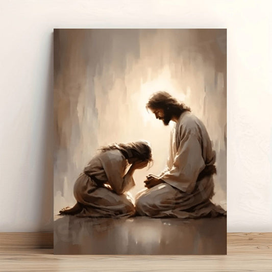 Jesus Comforting a Woman in Prayer Christian Canvas Wall Art