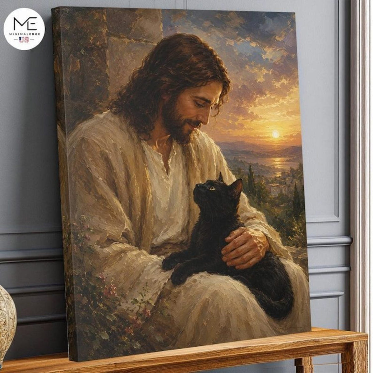Jesus Holding a Black Cat Christian Canvas Wall Art