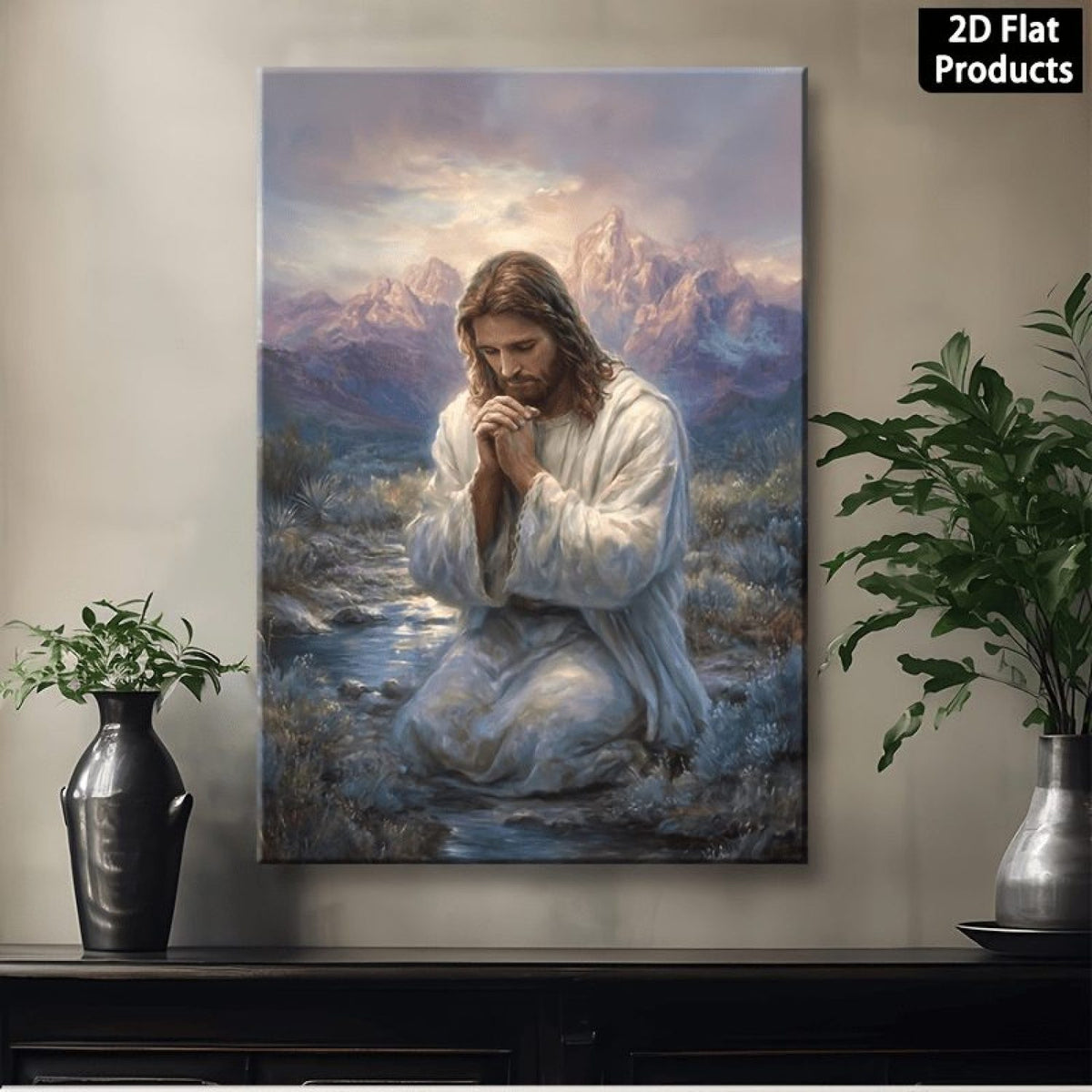 Jesus Kneeling in Prayer by the Water Christian Canvas Wall Art