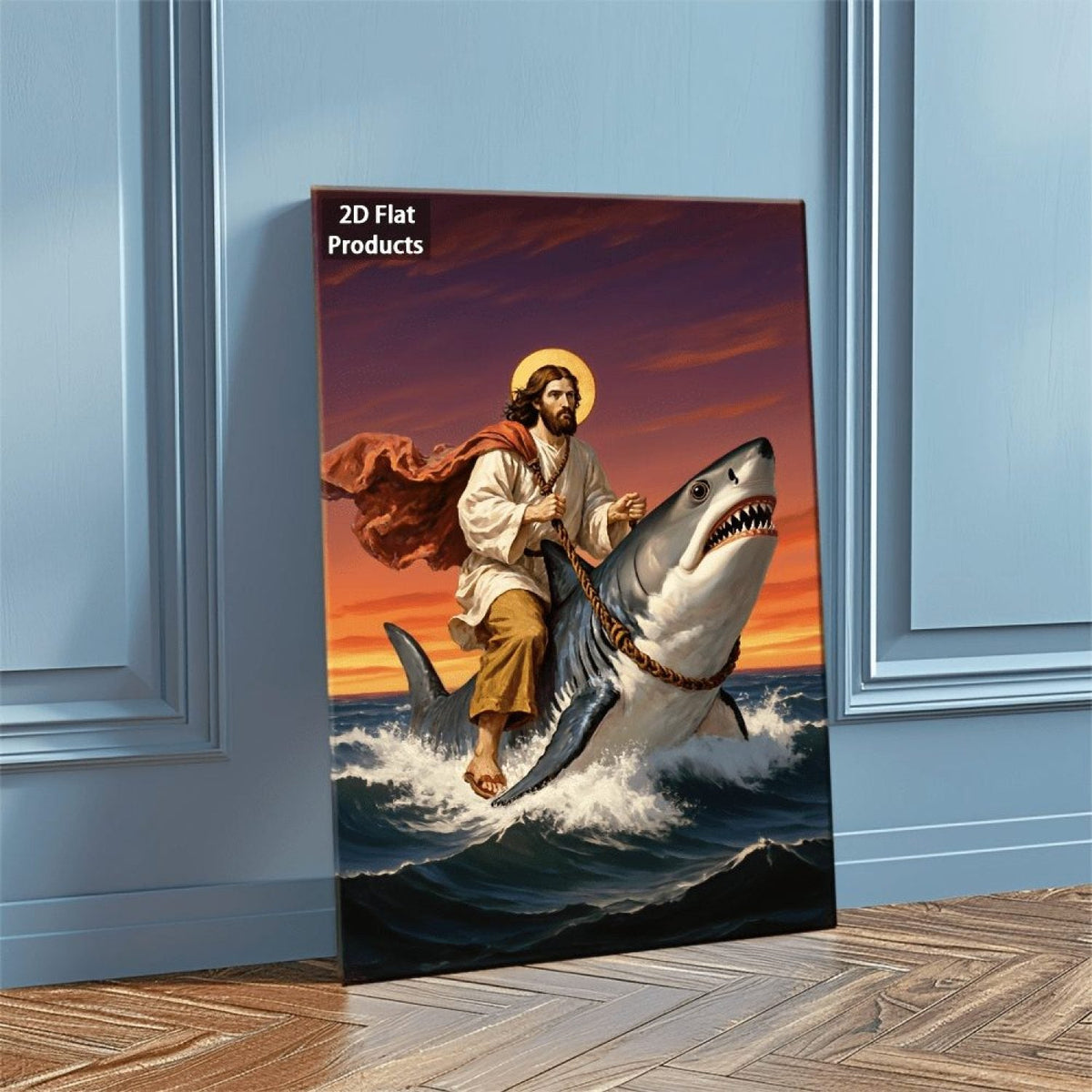 Jesus Riding a Shark Novelty Christian Canvas Wall Art