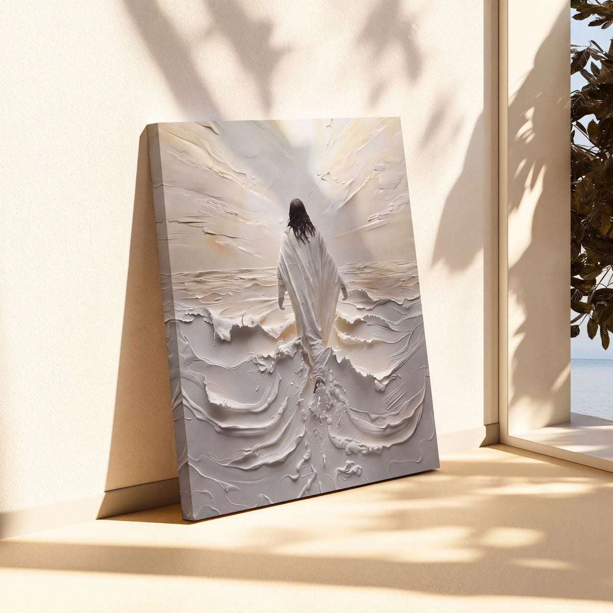Jesus walking on water textured canvas displayed in a sunlit room
