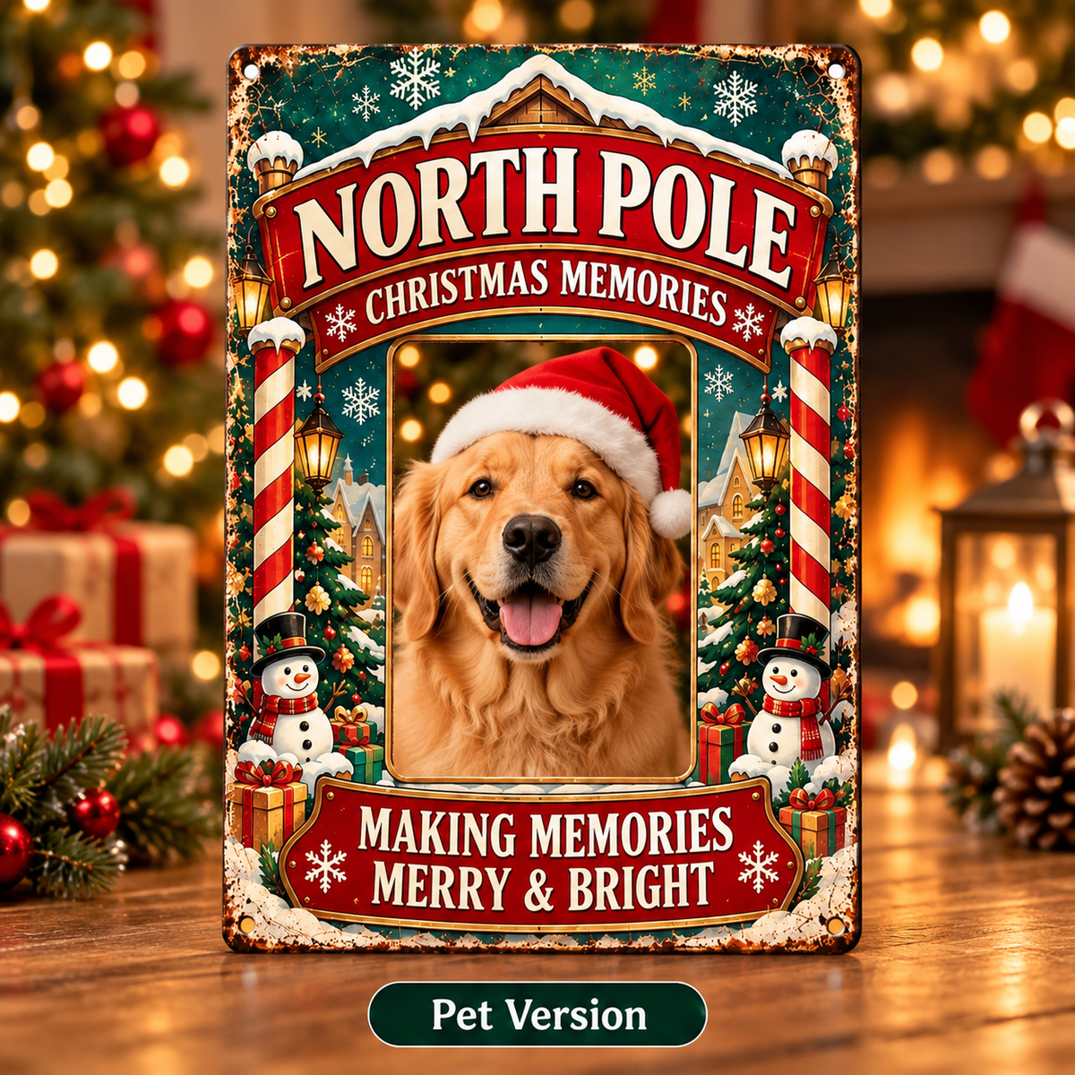 North Pole personalized Christmas photo metal sign golden retriever pet example