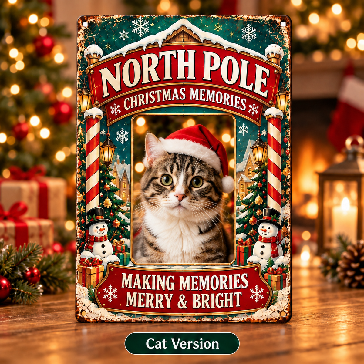North Pole Christmas Memories personalized cat photo metal sign